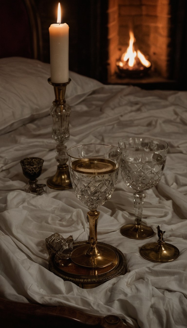 La suite, lit défait, deux coupes, une bougie